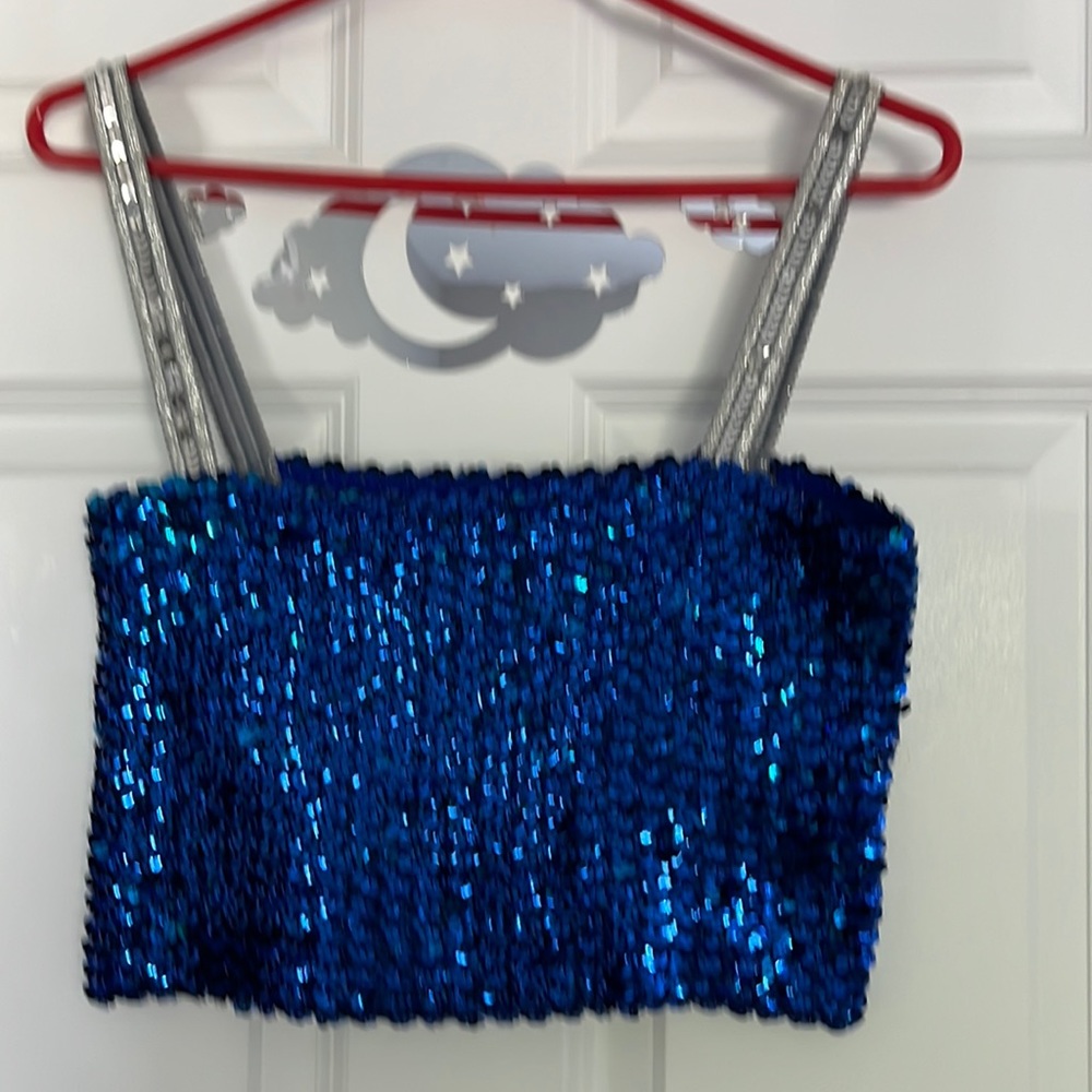 🫶🏼BLUE&SILVER 🎽ELASTIC STRETCHY SEQUINS CROP TOP BY TOPPETTES 50-60’s ATTIRE